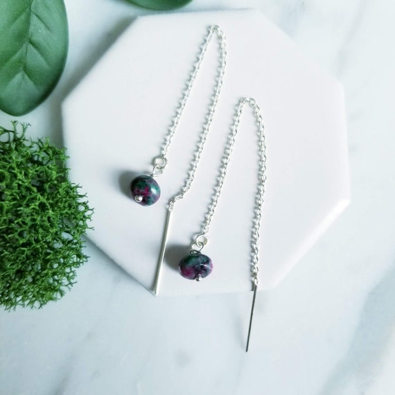 Sterling Silver Ruby Zoisite Threader Earrings: Handmade Chain Jewelry