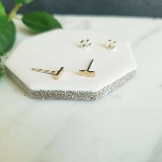 14K Solid Gold Bar Studs: Sterling Silver Posts