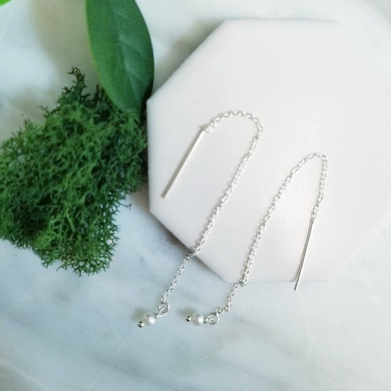 Sterling Silver and White Pearl Threader Earrings, Chain Earrings