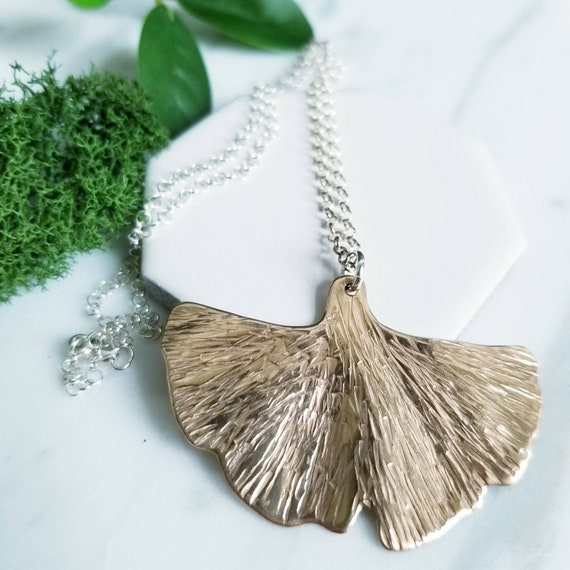 Forged Bronze Ginkgo Leaf Necklace: Sterling Silver Chain