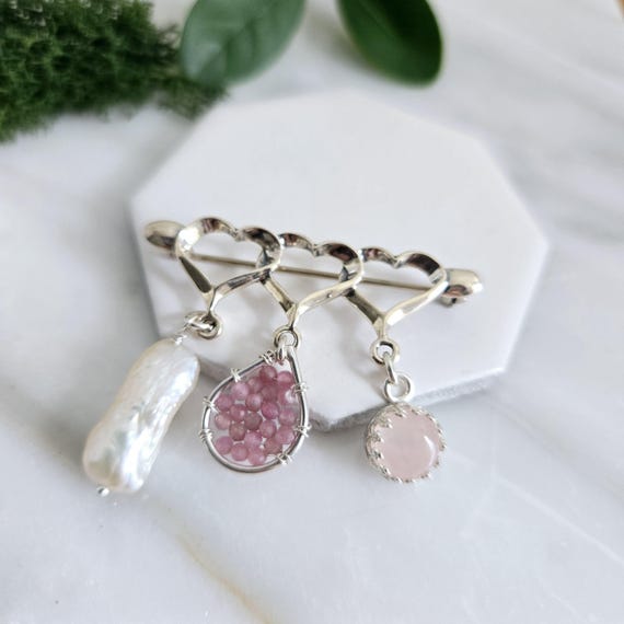 Petals- Sterling Silver Heart Brooch,Biwa White Pearl, Tourmaline Beads, Rose Quartz Jewelry