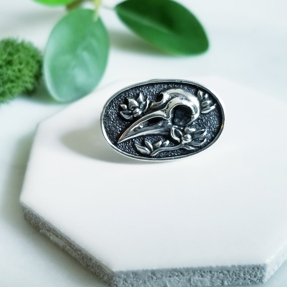 Sterling Silver Raven Skull & Floral Tie Tack, Lapel Pin