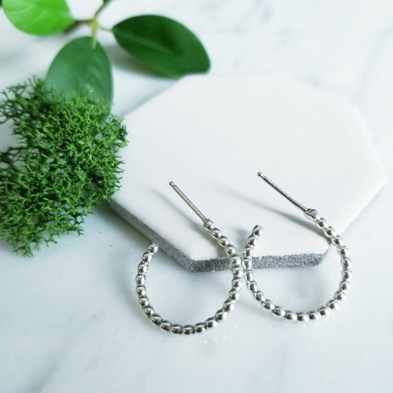 Dot Sterling Silver Hoop Earrings: Beaded Wire, Handmade in Canada