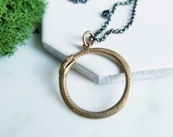 Sterling Silver & Bronze ouroboros necklace, infinity necklace, snake necklace, circle necklace