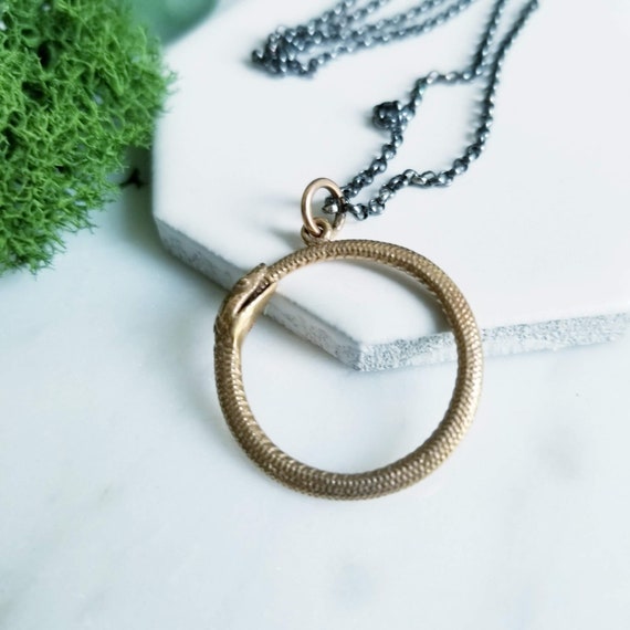 Sterling Silver & Bronze Ouroboros Necklace: Snake Circle Pendant