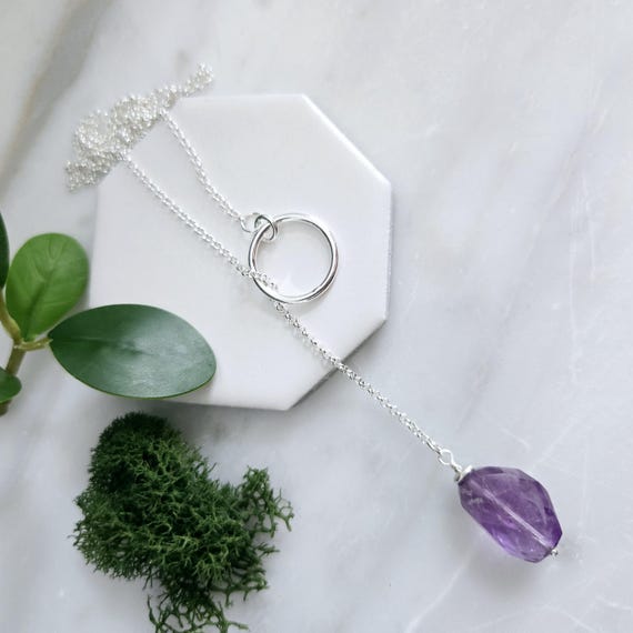 Purple Amethyst Lariet Necklace- Sterling Silver, Large Faceted Amethyst stone