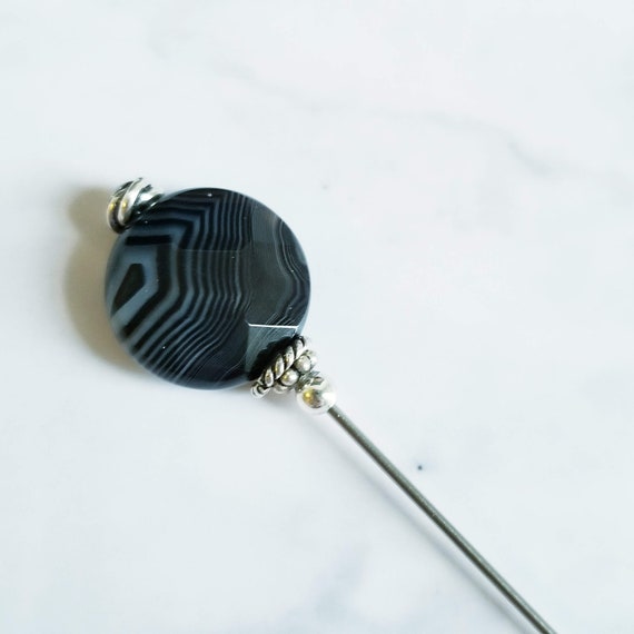 Black Striped Quartz Stone & Sterling Silver Hat Pin-3 inch pin, hijab pin
