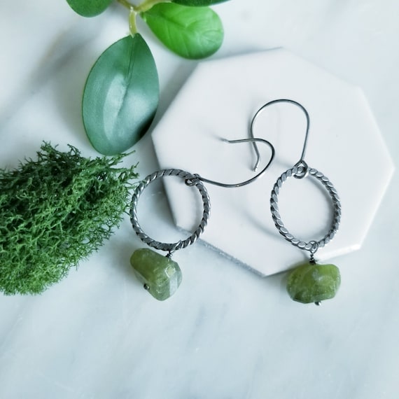 Green Grossular Garnet & Sterling Silver Earrings- Rustic, Earthy Jewelry, Boho Chic