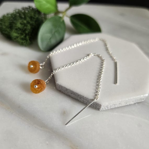Sterling Silver and Rustic Amber Threader Earrings, Chain Earrings