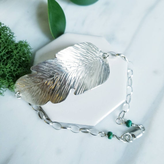 Sterling silver Hammered Feather bracelet, turquoise, sterling chain, boho