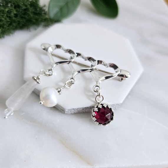 Roses- Sterling Silver Heart Brooch, Rose Quartz Drop, Fat Pearl & faceted Garnet Gem Jewelry