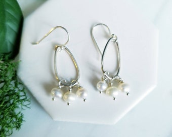 White Pearl Sterling Silver Drop Earrings, Oval Earrings, Lightweight Earrings, Delicate Wedding Jewelry, Pretty Earrings, made in Canada