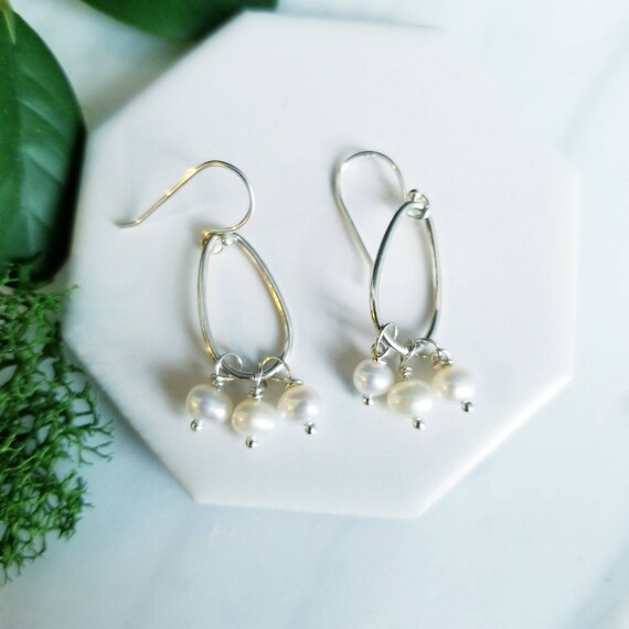 White Pearl Sterling Silver Drop Earrings: Delicate Handmade Jewelry