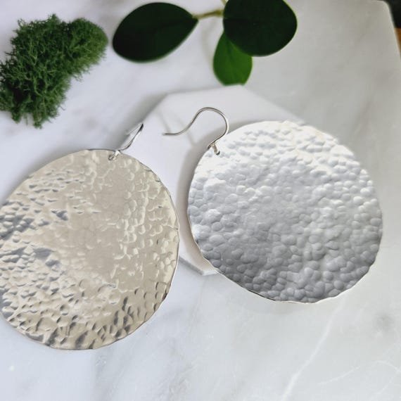 Large Hammered Disk Earrings in Sterling Silver- 2 inches in width