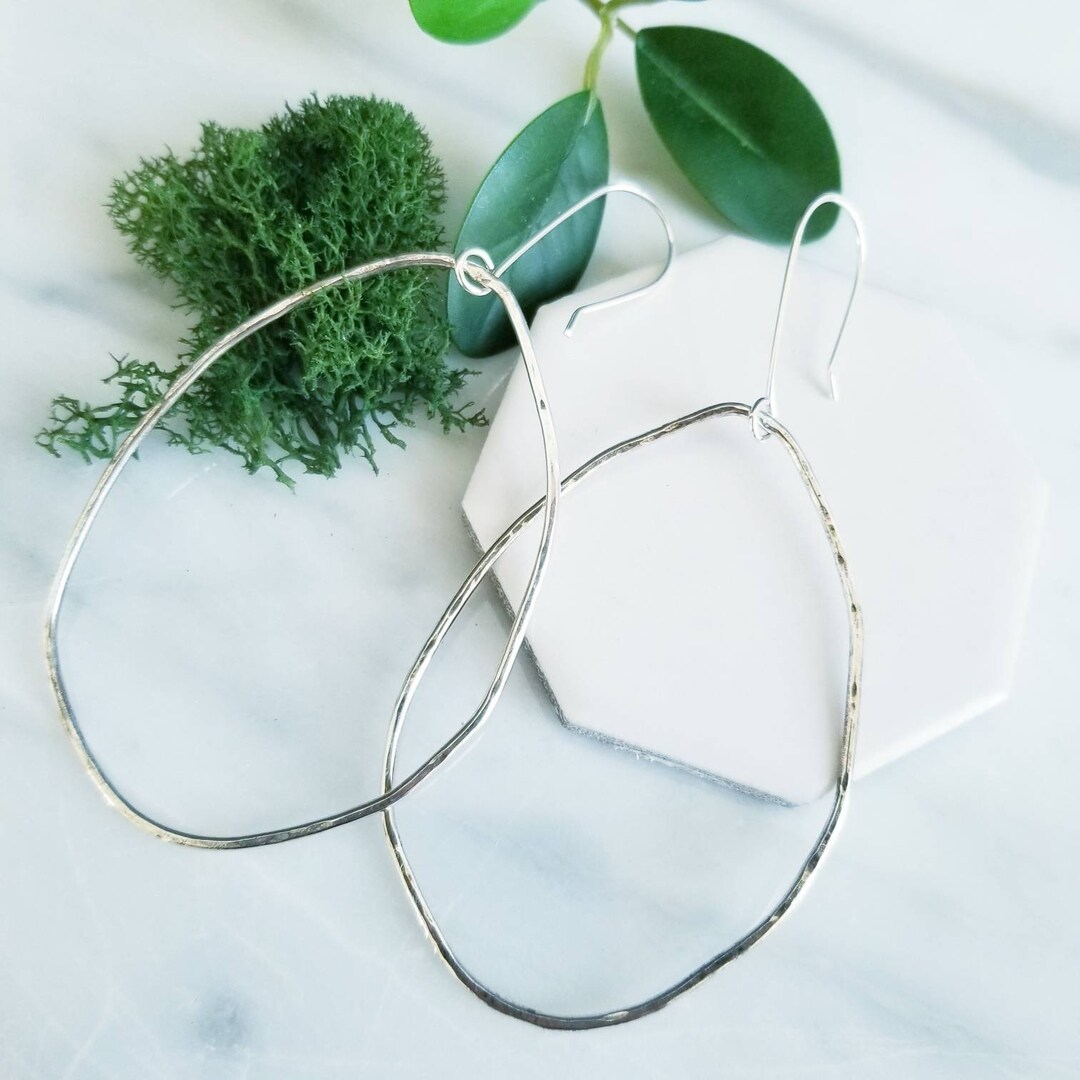 Sterling Silver Oblong Hoop Earrings Large Hoop Earrings, Organic