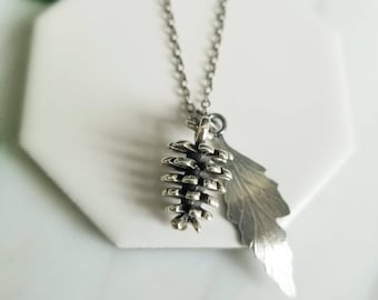 Pinecone and Fern Leaf Necklace- Holiday Jewelry, Nature Inspired