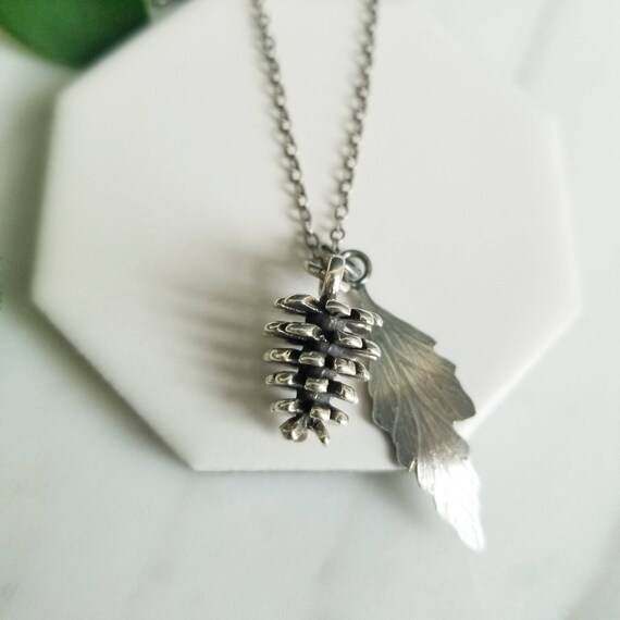 Pinecone and Fern Leaf Necklace- Holiday Jewelry, Nature Inspired