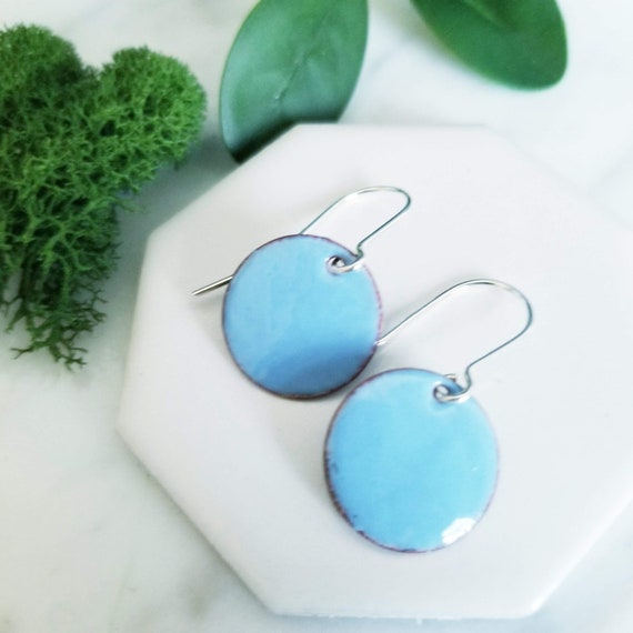 Blue Skies Enamel Earrings: Copper Disks, Sterling Silver Wires