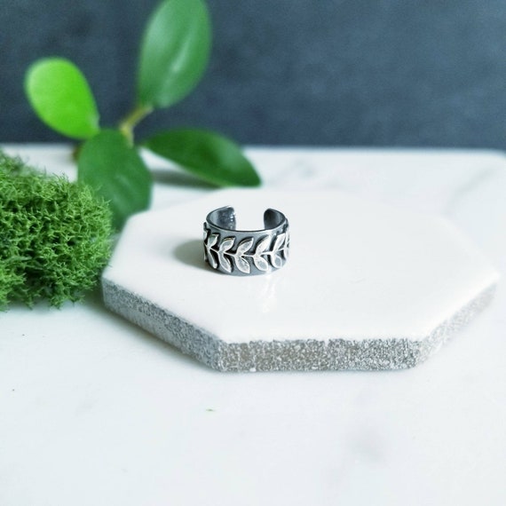 Oxidized Sterling Silver Leaf Ear Cuff - Handmade Botanical Jewelry