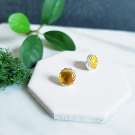 Amber Sterling Silver Crown Post Earrings: Boho Studs (8mm)