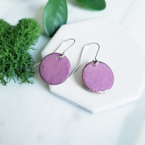 Elderberry Glass Enamel Disk Earrings- Light Purple  Glass, Copper, Sterling Silver
