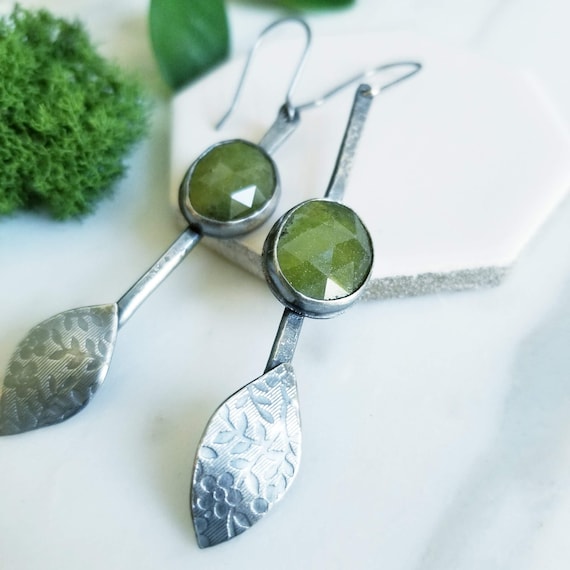 Asymmetrical Green Vessonite Earrings: Sterling Silver Leaf Dangle