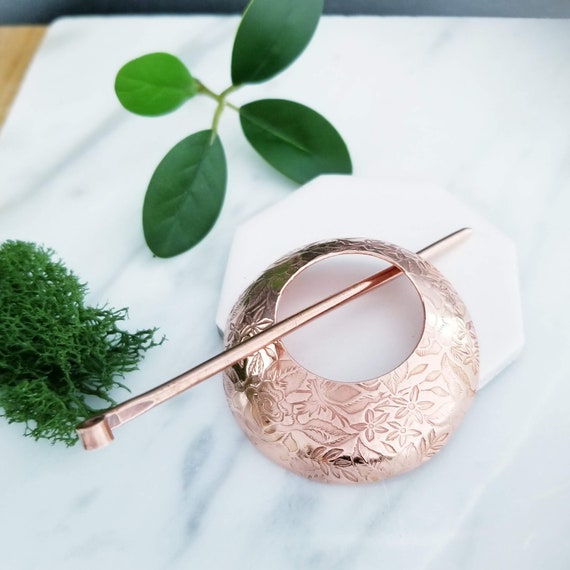 Floral Embossed Copper Shawl Brooch Circle Pin