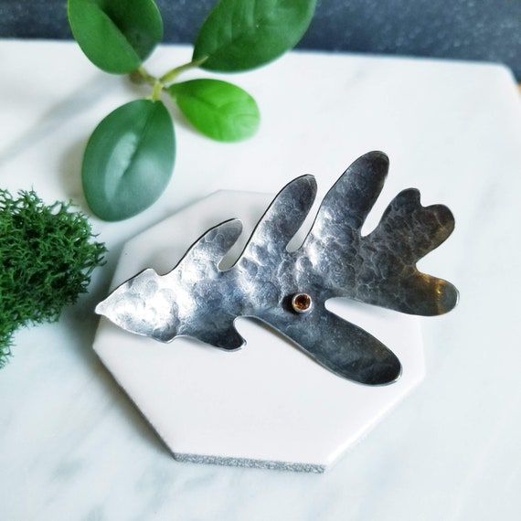 Forged Sterling Silver Oak Leaf Brooch, Faceted Citrine Gemstone- Fall Fashion- Botanical Jewellery