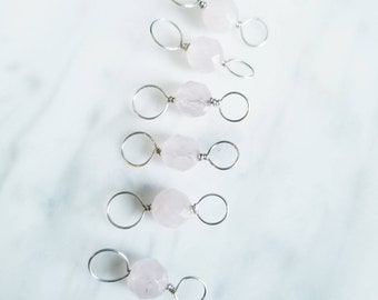 Rose Quartz, Sterling Silver Double Ended Stitch Markers- Set of 6