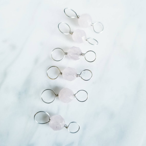 Rose Quartz, Sterling Silver Double Ended Stitch Markers- Set of 6