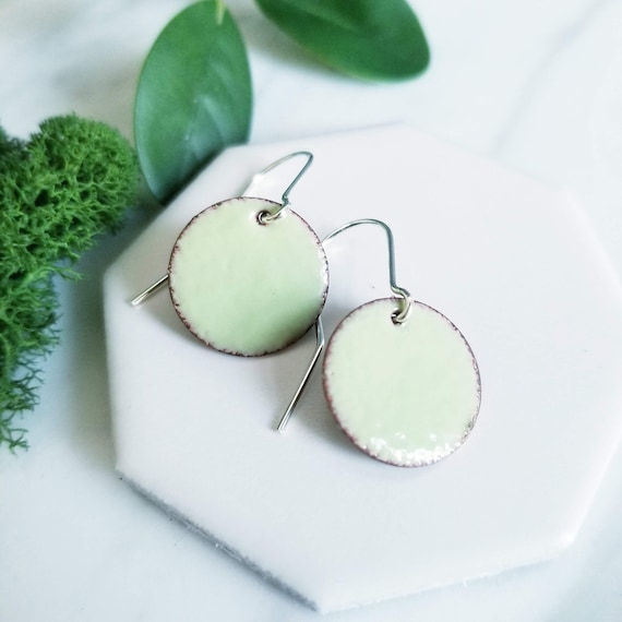 Sea Moss Glass Enamel Disk Earrings- Light Green Glass, Copper, Sterling Silver