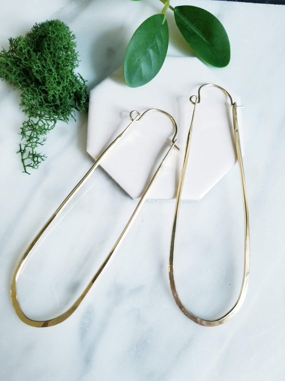 Long Drop Hoop Earrings. 14K Yellow Gold Filled, Sterling Silver