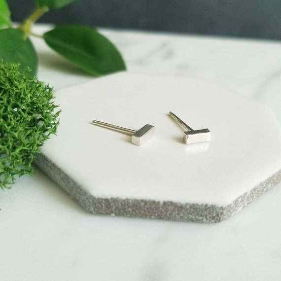 Brushed Textured Sterling Silver Bar Stud Earrings - Modern Simple Jewelry