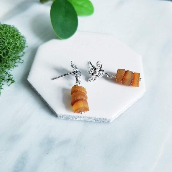 Honey Bee & Amber Post Dangle Earrings- Rustic stacked amber slices