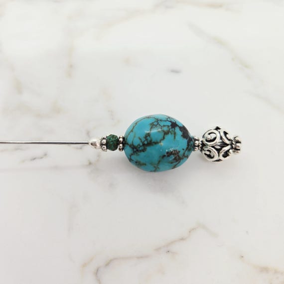 Composite Turquoise & Sterling Silver Hat Pin-8 inch pin, hijab pin