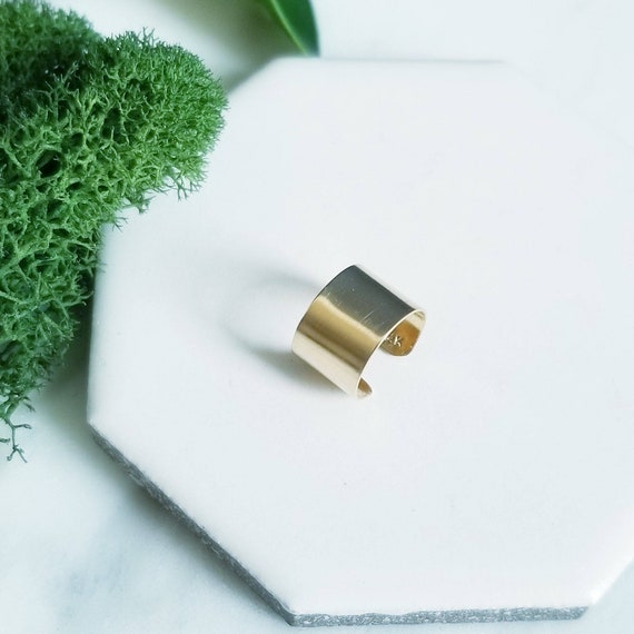 SOLID 14K Yellow Gold Wide Smooth Ear Cuff, Faux Piercing