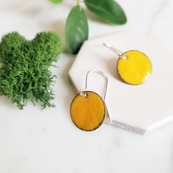 Yellow Enamel Disk Earrings: Handmade Sterling Silver Copper Dangles