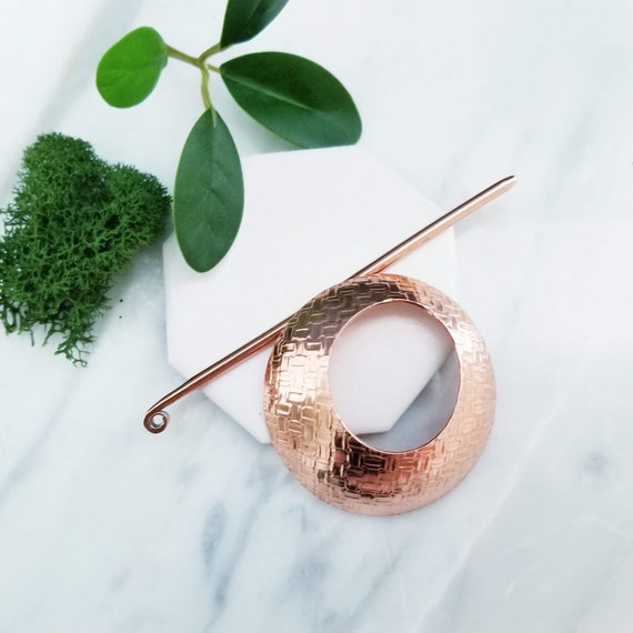 Basket Weave Embossed Copper  Shawl Brooch Circle Pin