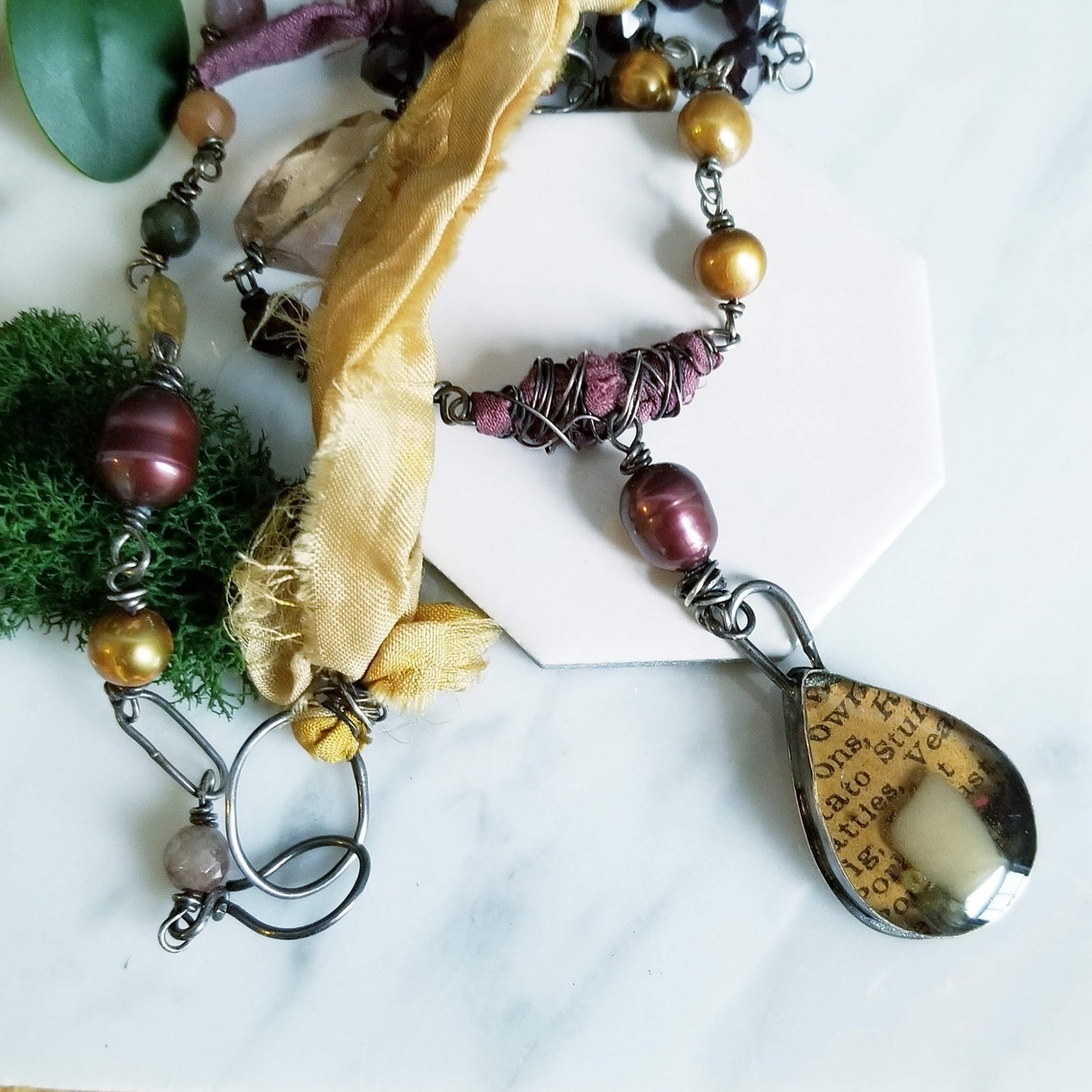 Mixed Media Necklace Sterling Silver Fiber Resin Pearl Etsy