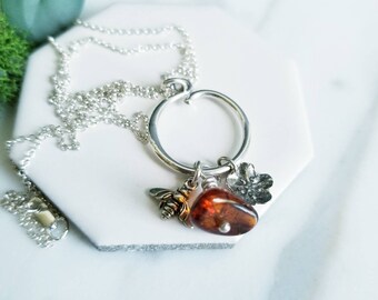 Sterling silver Amber & Bee necklace, silver charms, 16 inches, 18 inches, flower charm,  charm necklace