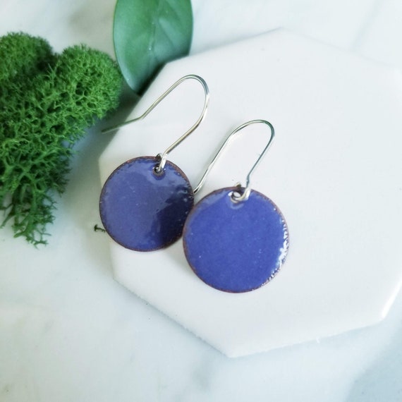 Dark Grape Enamel Earrings: Purple Glass, Copper, Sterling Silver