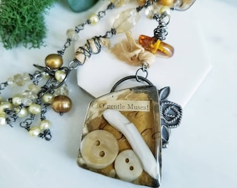 Resin Reliquary Necklace Sterling Silver, Vintage Buttons, Citrine, Pearls, Fabric- Reliquary No.5