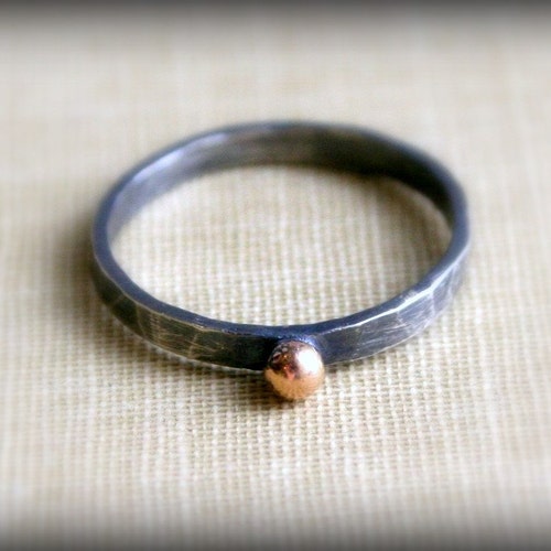 14K Gold Dot Oxidized Sterling Silver Rustic Ring Yellow Etsy