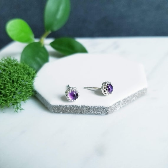 4mm Amethyst Sterling Silver Crown Earrings: Boho Studs