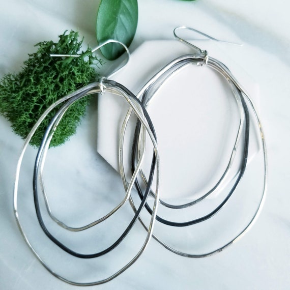 Large Sterling Silver Oval Hoop Earrings- Two Tone, Hammered texture