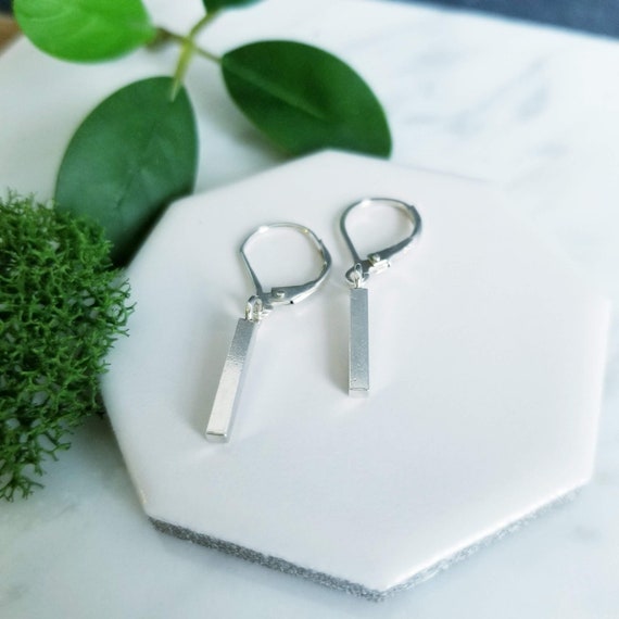 Minimalist Sterling Silver Bar Drop Earrings: Handmade in Canada