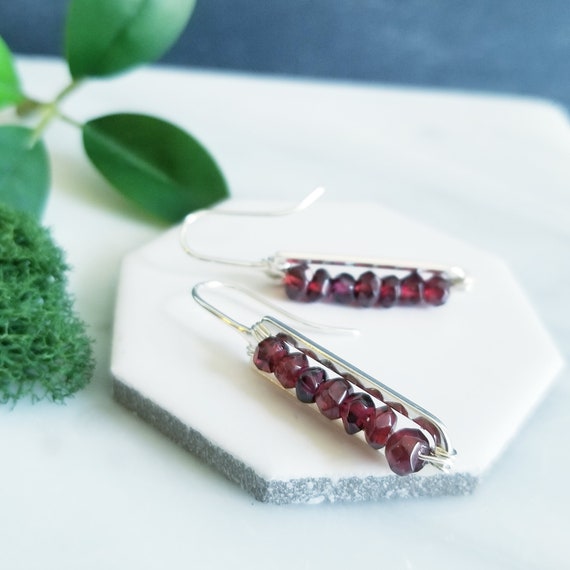 Dark Red Garnet Gemstones Sterling Silver Earrings