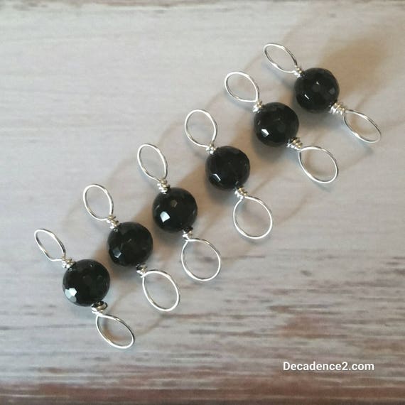 Black Agate, Sterling Silver Double Ended Stitch Markers- Set of 6
