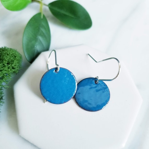 Blue Enamel Disk Earrings: Copper Sterling Silver, Handmade