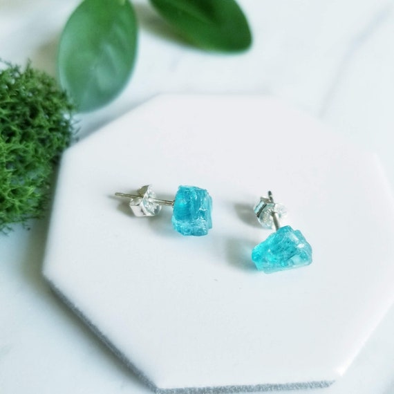 Rough Raw Bright Blue Apatite Stud Post Earring, Sterling Silver Posts